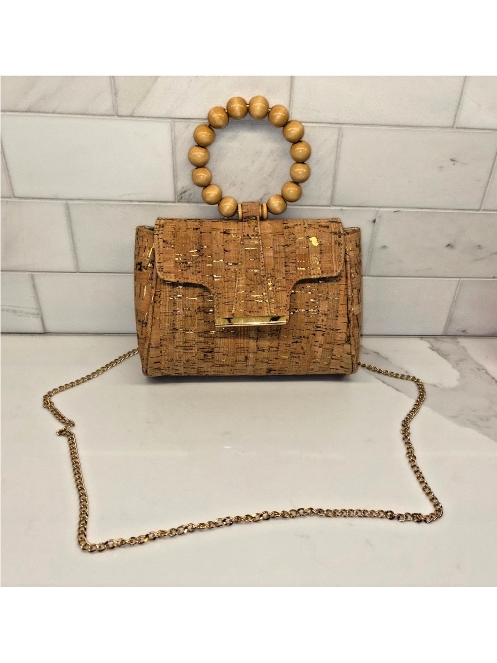 Real Cork & Gold Foil Handbag Wood Bead Handle Crossbody Bag Flamingo Lining
